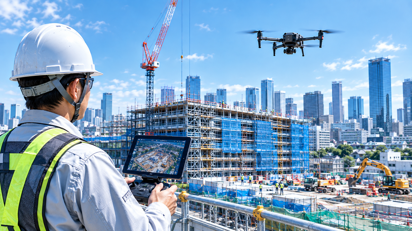 建設現場を点検するドローン操縦士
